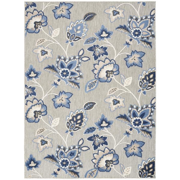 Aloha Blue/Grey 9 ft. x 12 ft. Botanical Contemporary Indoor/Outdoor Area Rug