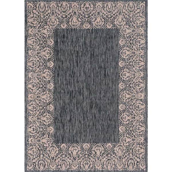Outdoor Floral Border Charcoal Gray 7 ft. x 10 ft. Area Rug