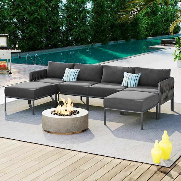 Zeus & Ruta 6-Piece Grey Wicker Outdoor Sectional Set with Gray Cushions for Backyard Garden