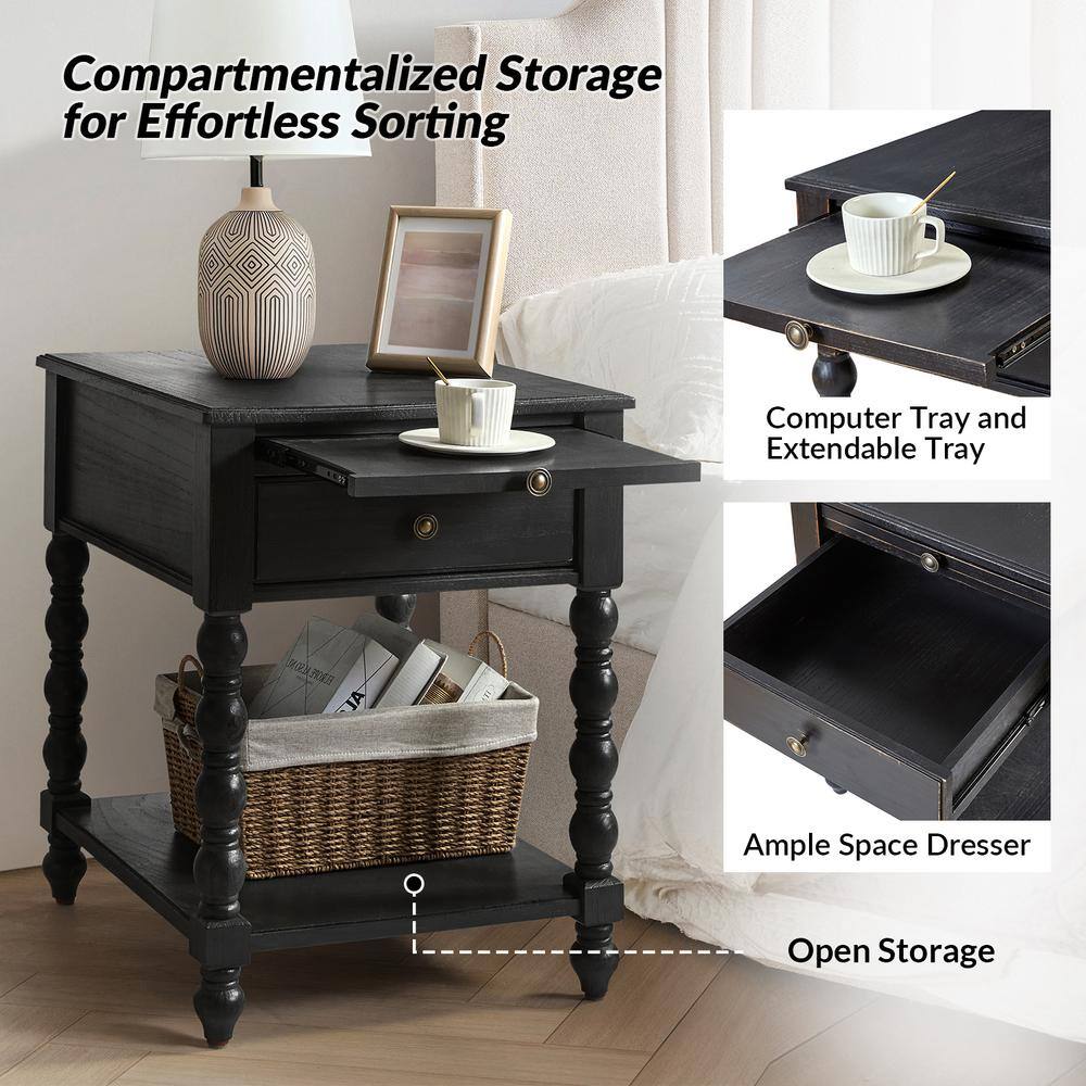 Jim Walnut Traditional 26 in. Tall Solid Wood End Table with USB Set of 2 - thumbnail 4