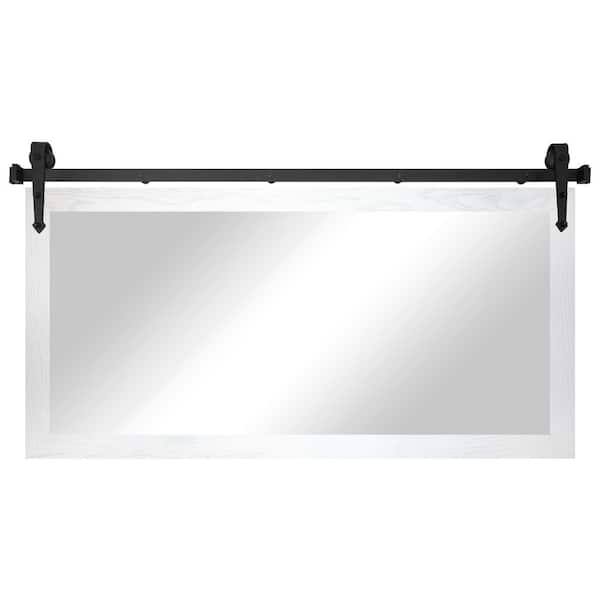 (62 in. W x 33 in. H) White Ozark Hardwood Mirror With Steel Barn Door Rail