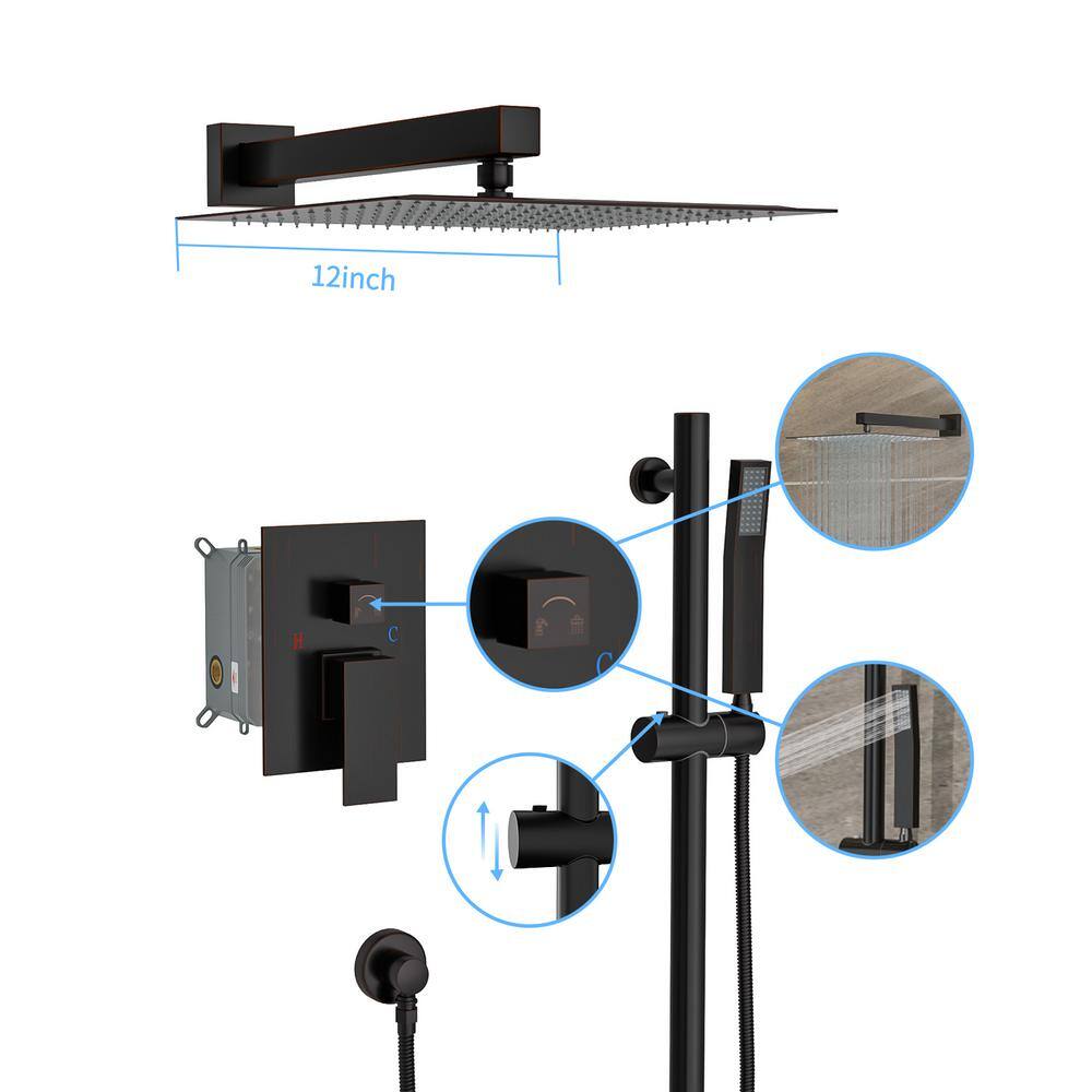Shower Faucet with Adjustable Slide Bar 12 in. Wall Mounted Square Shower Head with Body Spray in Oil Rubber Bronze price history on PriceWatchPro