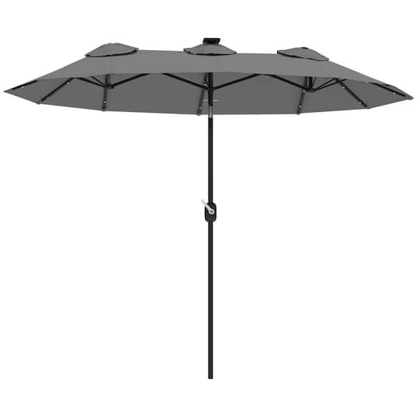 9.7 ft. Double Sided Patio Umbrella in Gray, Large Outdoor Market Umbrella with LED Solar Light, Tilt and Crank