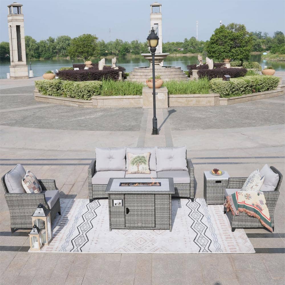 Titanium Gray 5-Piece Rattan Wicker Outdoor Conversation Patio Fire Pit Seating Sofa Set with Moonlight Gray Cushions price history on PriceWatchPro