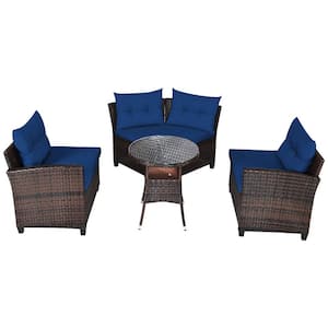 Brown 4-Pieces Wicker Patio Conversation Set Outdoor Rattan Sectional Sofa with Navy Cushions