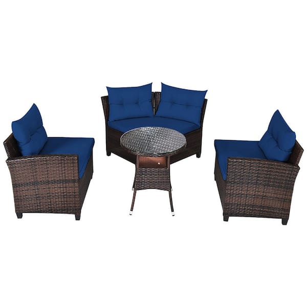 Brown 4-Pieces Wicker Patio Conversation Set Outdoor Rattan Sectional Sofa with Navy Cushions