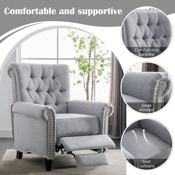 Gray Linen Tufted Push Back Recliner Chair Living Room Chair, Single Sofa Accent Recliner with Nailheads Roll Arm