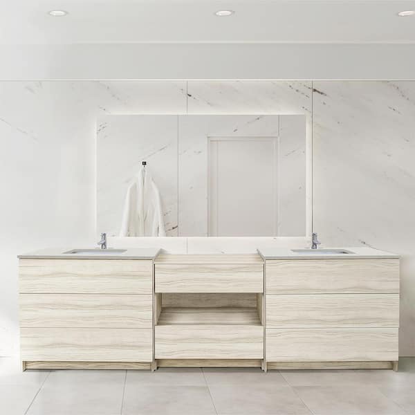 Ella Element 102 in. W x 22 in. D x 35 in. H Double Sink Bath Vanity in Light Oak with Galaxy White Quartz Top
