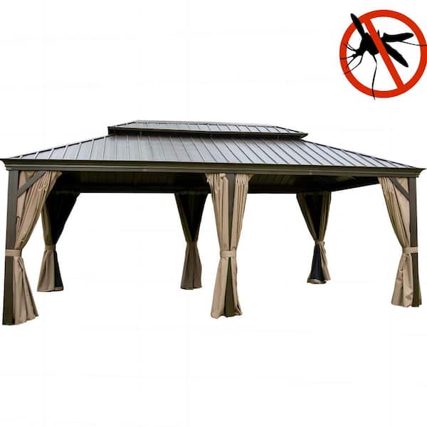 12 ft. x 20 ft. Brown Outdoor Aluminum Gazebo with Galvanized Steel Double Canopy Curtains and Netting for Deck Backyard