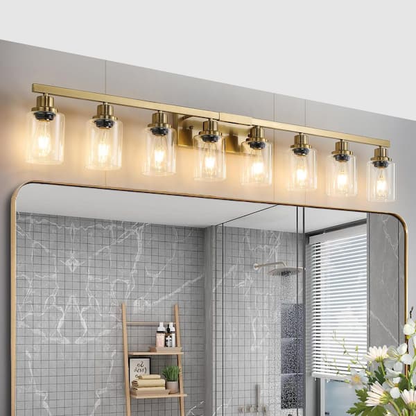 51 in. 8-Light Gold Vanity Lights Fixture with Clear Glass Shades and No Bulbs Included
