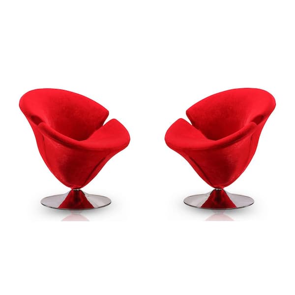Manhattan Comfort Tulip Modern Red and Polished Chrome Velvet Upholstered Swivel Accent Occasional Chair (Set of 2)