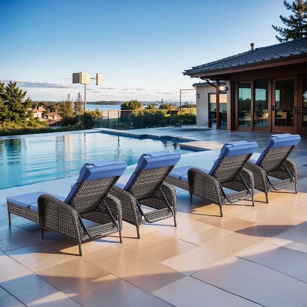 ArcoBay 4-Piece Gray Wicker Outdoor Chaise Lounge Rattan Chaise Lounge with Olefin Navy Blue Cushions