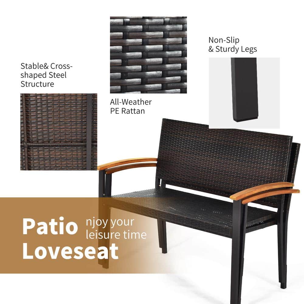 Weather-Resistant Rattan Wicker Loveseat with Steel Frame and Acacia Armrests