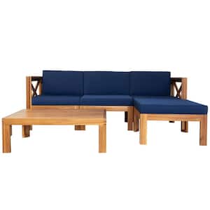 5 Pieces Wood Patio Conversation Seating Set Outdoor Sectional Sofa Seating Group Set with Blue Cushions and tea table