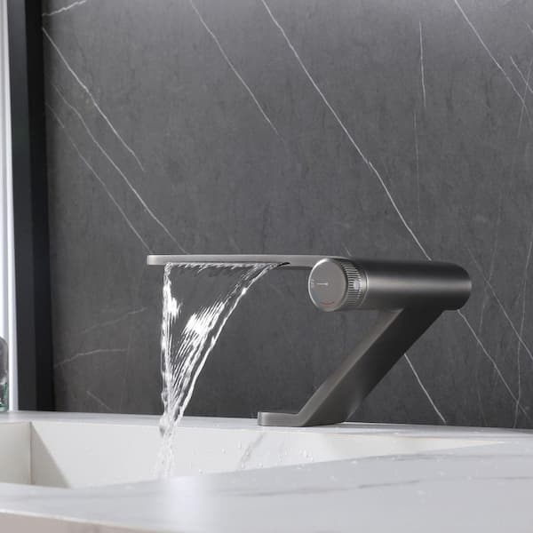 Single-Handle Single Hole Bathroom Faucet Brass Waterfall Vanity Basin Taps in Gunmetal Grey