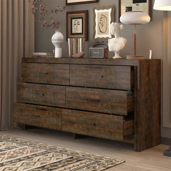 Brown Wood Finish 6-Drawer 63 in. x 15.7 in. x 33.1 in. Dresser, Wooden Chest of Drawers for Bedroom