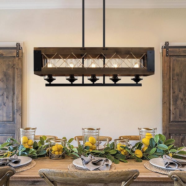 Modern Farmhouse Chandelier 32 in. W Black Rectangular Dining Room Chandelier, 5-Light Kitchen Island Wood Pendant Light