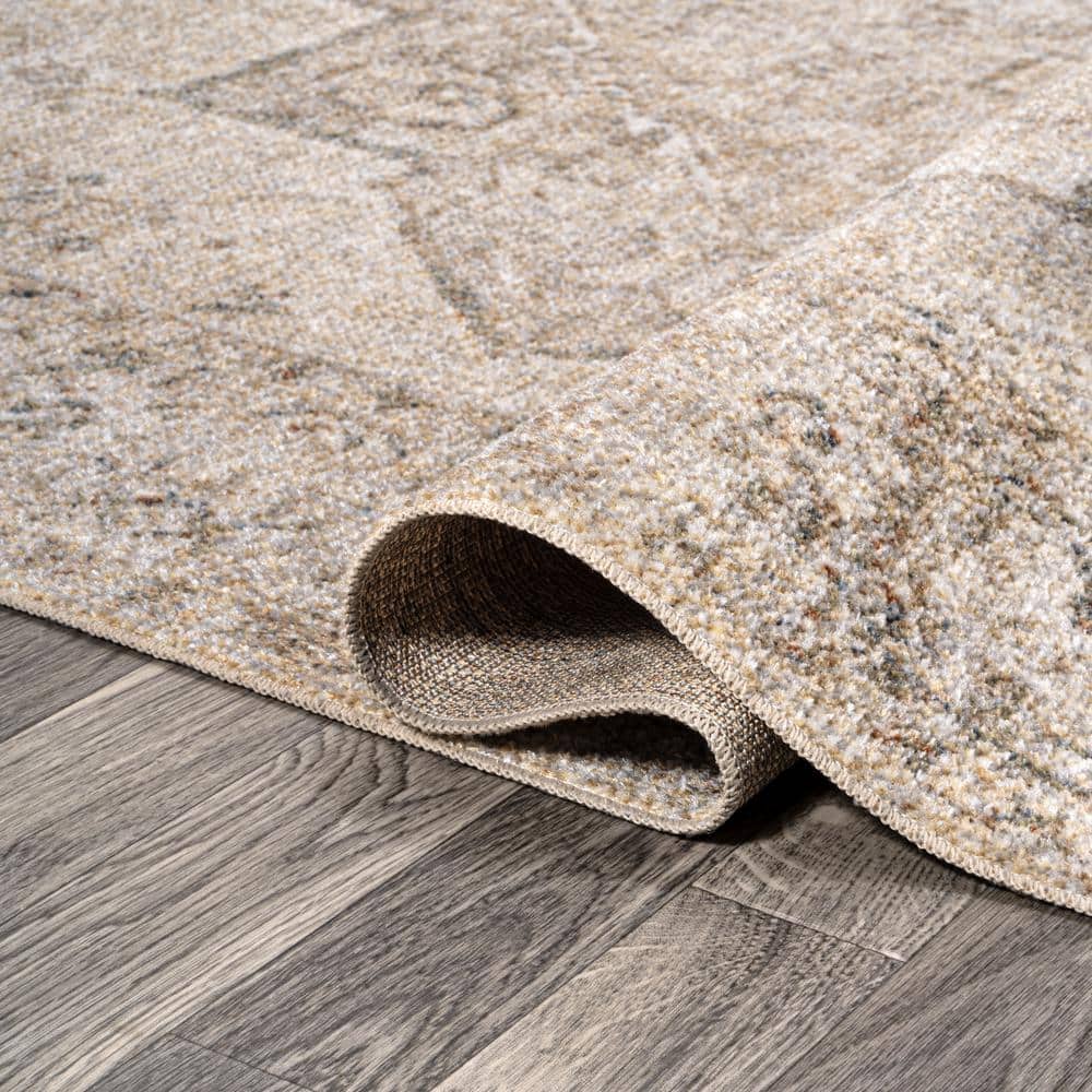 Cream and Brown Medallion Washable Synthetic Area Rug 5'3" x 7'7"