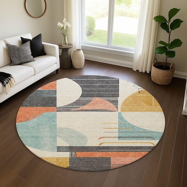 Mayfield Premium Machine Washable Abstract AMF1694 Gray 8 ft. x 8 ft. Round Rug