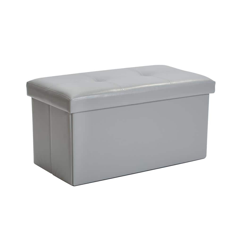 Classic Gray Faux Leather Folding Storage Ottoman Bench