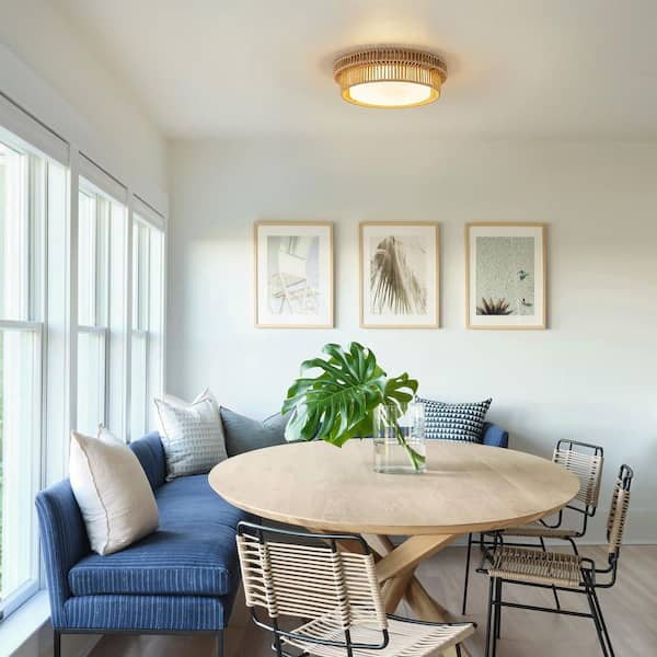 Natural Rope 12 in. 1-Light LED Drum Matte Wood Flush Mount Ceiling Light with Frosted Glass for Bedroom Foyer Kitchen