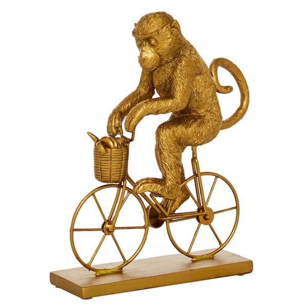 Litton Lane Gold Polystone Monkey Sculpture with Bicycle