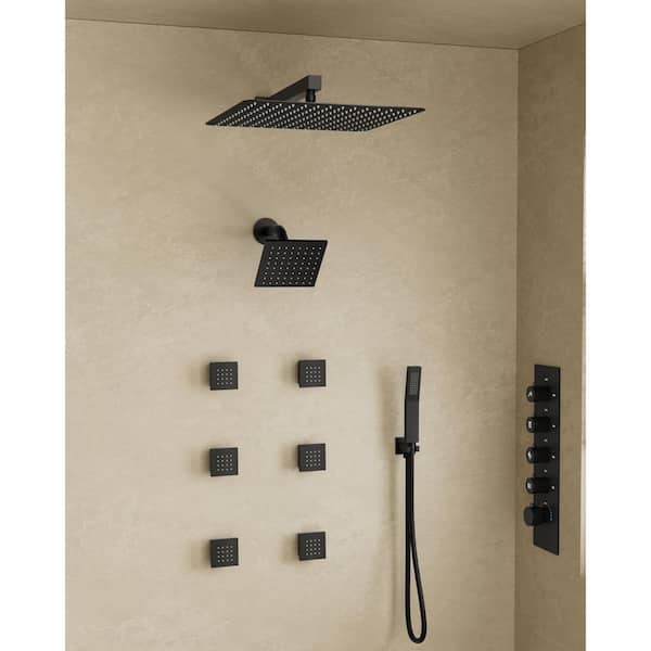 YAWWALK Thermostatic Valve 15-Spray 16 in. x 6 in. Dual Wall Mount and Handheld Shower Head in Matte Black
