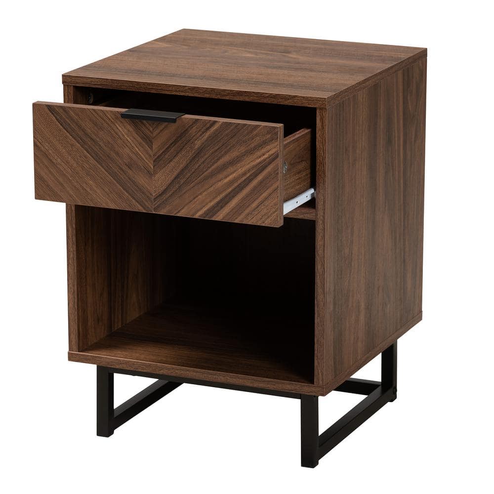 Walnut Brown Wood and Black Metal 1-Drawer Night Table