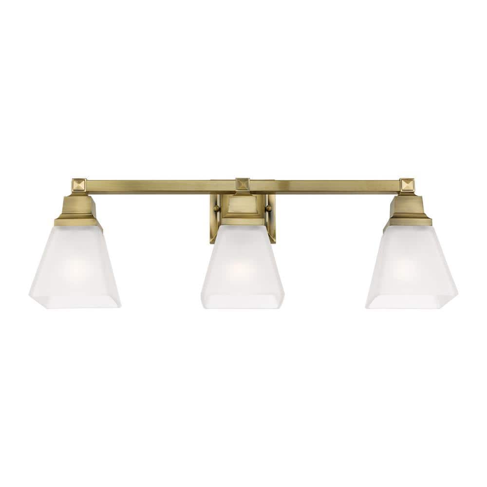 Antique Brass Mission 3-Light Bath Vanity with Satin Glass