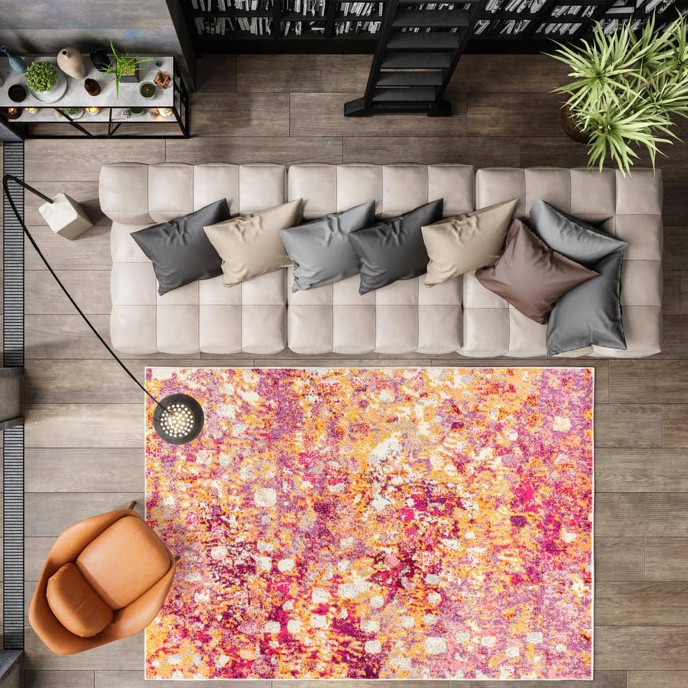 Pink and Orange Abstract Modern Area Rug, 8 ft x 10 ft