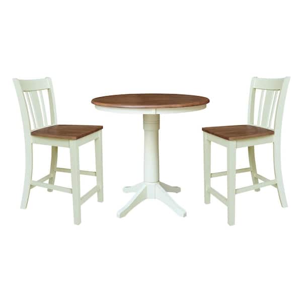 International Concepts Olivia 3-Piece 36 in. Round Hickory/Shell Solid Wood Counter Height Dining Set with San Remo Stools Seats 4