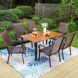 7-Piece Metal Outdoor Patio Dining Set with Brown Rectangular Slat Table-Top and Brown Rattan High Back Arm Chairs