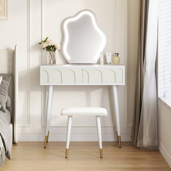 JASIWAY White 31.5 in. 1 Drawer Dresser with Mirror and Chair