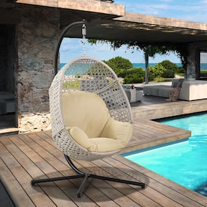 Patio Garden Wicker Porch Swing Hanging Chair for Indoor and Outdoor with C-Stand and Beige Cushion
