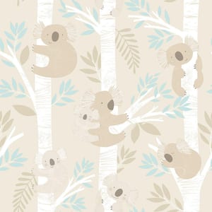 Tiny Tots 2-Collection Beige/Turquoise/White Glitter Finish Kids Koala Bear Theme Non-Woven Paper Wallpaper Roll