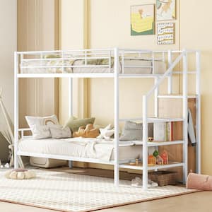 White Twin over Twin Metal Bunk Bed with Wood Lateral Storage Staircase and Built-in Wardrobe