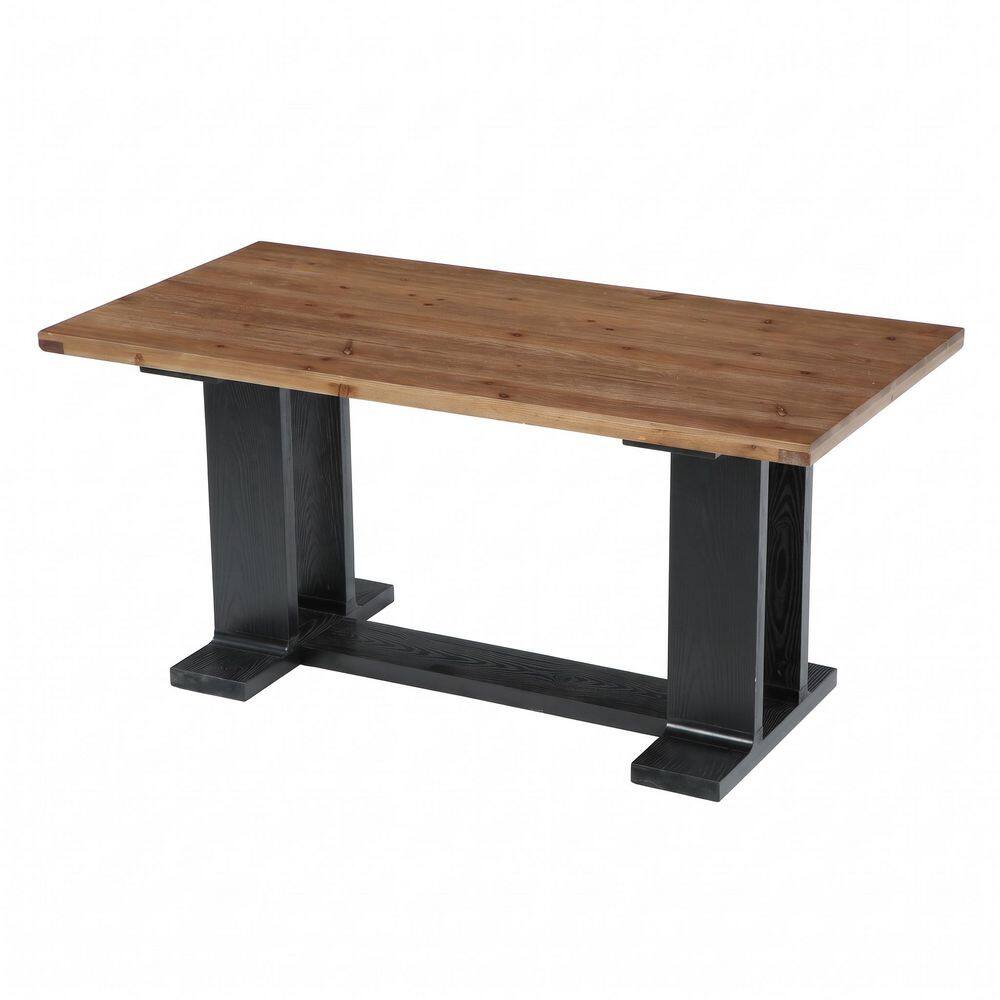 Brown Solid Wood 63 in. Pedestal Base Dining Table Seats 6 for Dining Room, Rectangular Farmhouse Kitchen Table