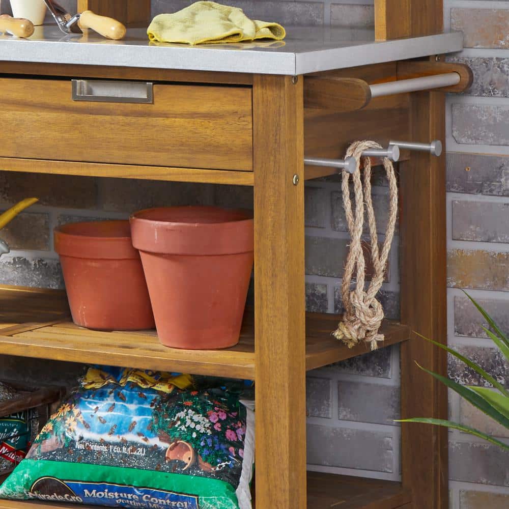 Maho Golden Teak Acacia Wood Potting Bench with Stainless Steel Top