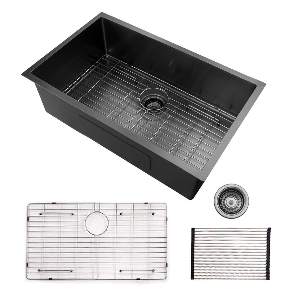 UPIKER Gunmetal Black 16 G Stainless Steel 36 in. Single Bowl Farmhouse Apron Workstation Kitchen Sink with Drainboard and Grid