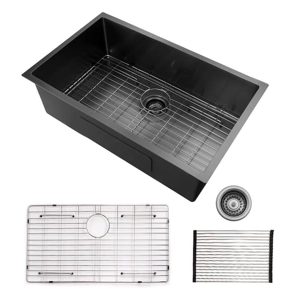 Unbranded Black Stainless Steel 33 in. x 21 in. Single Bowl Undermount Kitchen Sink with Bottom Grid