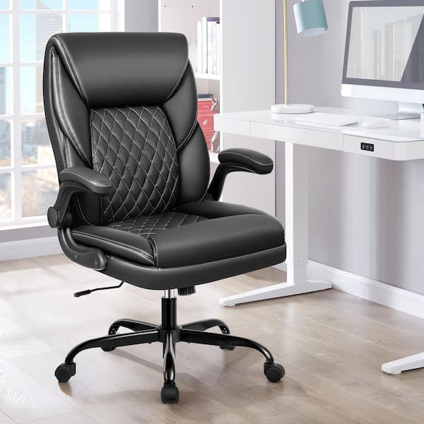 Black Sponge Cushion Arm Chair with Textured PU Leather, Adjustable Armrests and Backrest, SGS-certified Gas Lift