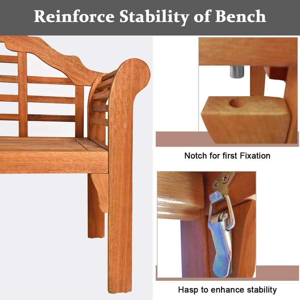 49" Eucalyptus Wood Outdoor Folding Bench with Backrest and Armrest