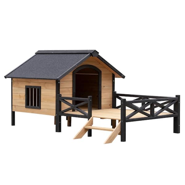 GOGEXX 67 in. L x 43 in. W Large Wooden Dog Kennel Porch Cabin Dog House Chicken Coups Poultry Cage Outdoor Rabbit Pet Supplies