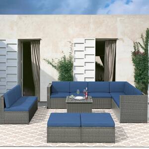 Gray 9-Piece Wicker Patio Conversation Set with Blue Cushions, Ottoman and Side Table