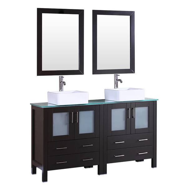 Bosconi Bosconi 59.1 in. Double Vanity in Espresso with Vanity Top in Green with White Basin and Mirror