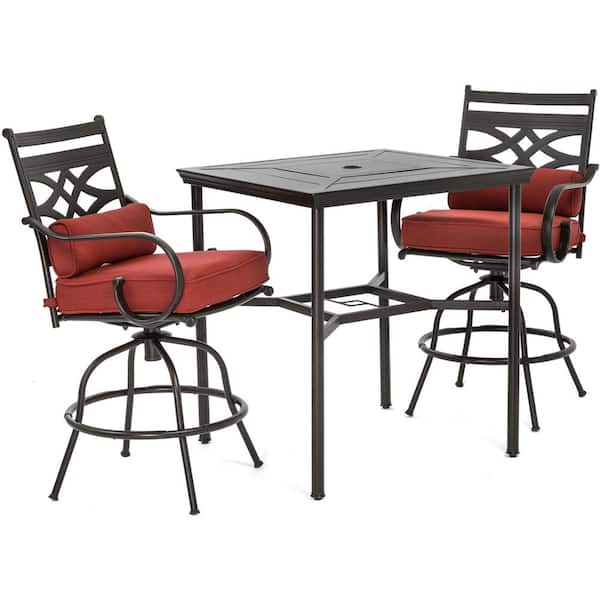 Hanover Montclair 3-Piece Metal Outdoor Bar Height Dining Set with Chili Red Cushions, Swivel Rockers and Table