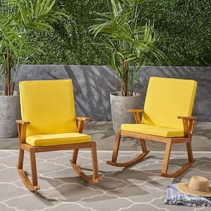 Champlain Teak Brown Wood Outdoor Patio Rocking Chairs with Yellow Cushion (2-Pack)