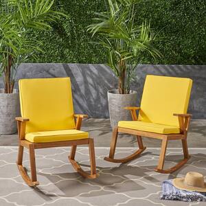 Champlain Teak Brown Wood Outdoor Patio Rocking Chairs with Yellow Cushion (2-Pack)