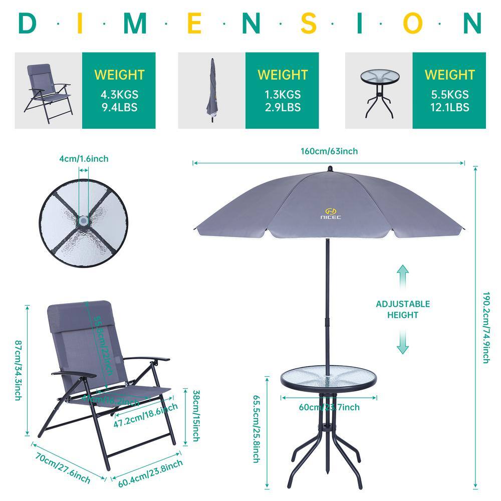 Gray 4-Piece Steel Patio Dining Set with Umbrella and Glass Table