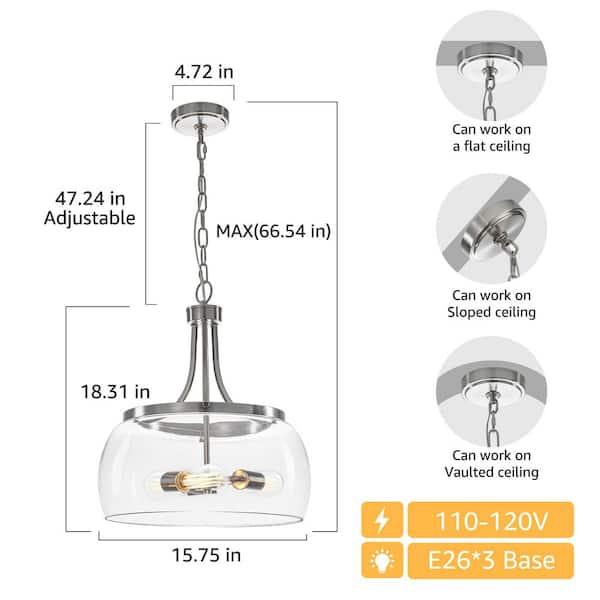TinHon 16 in.3-Light Nickel Pendant Light,Modern Chandelier with